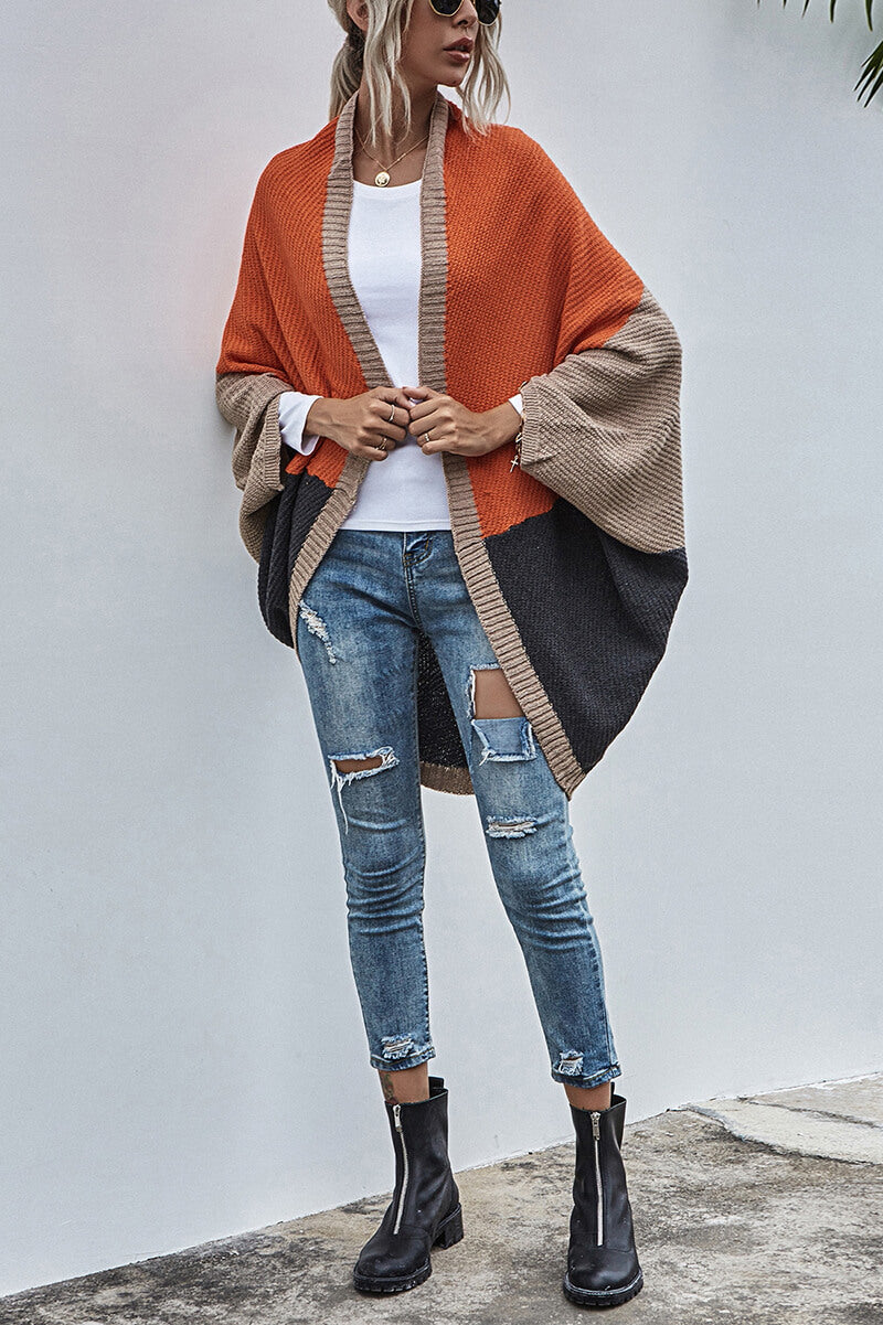 Cardigan Boho Manga Ampla Bloco de Cor - Mudeseulook